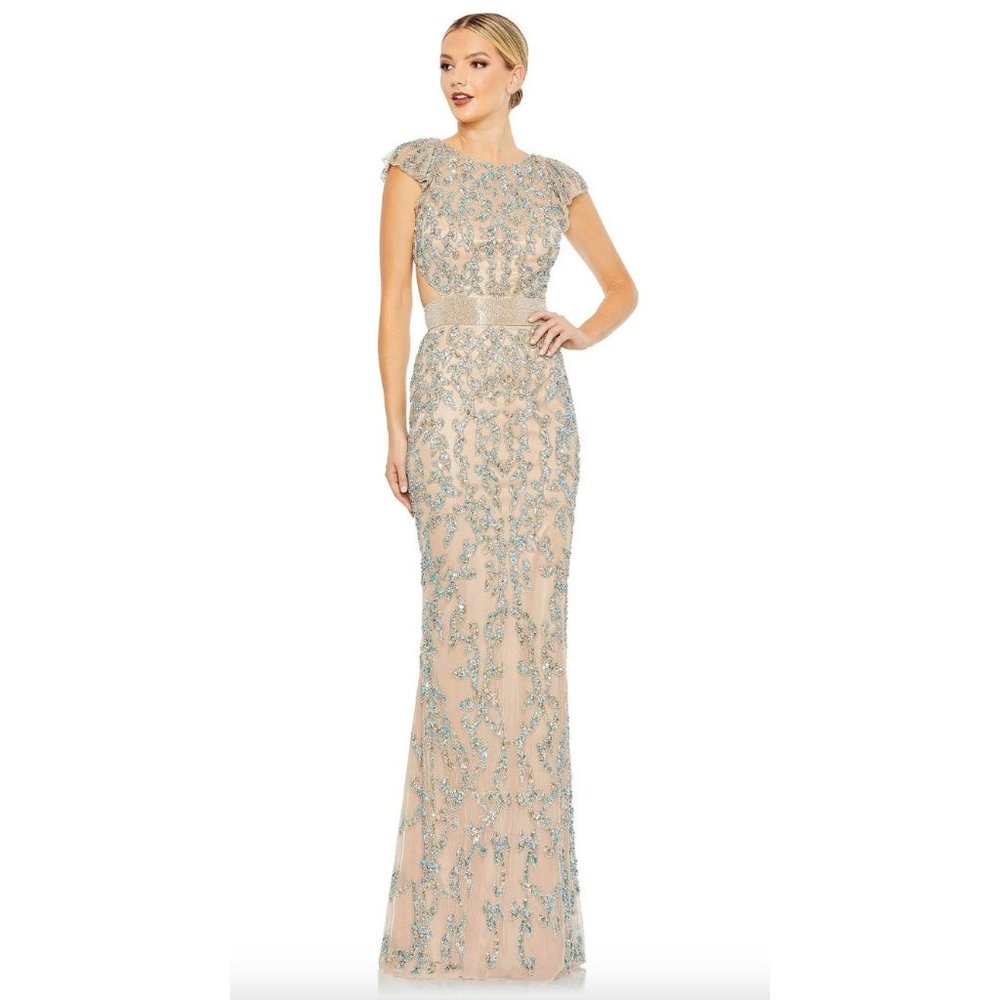 Mac Duggal Beige and Blue Embellished Maxi Dress